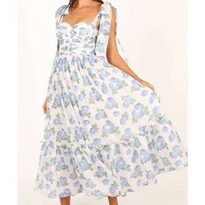 Petal & Pup Dress Women's XS White Blue Floral Floret Midi Smocked Tie Strap